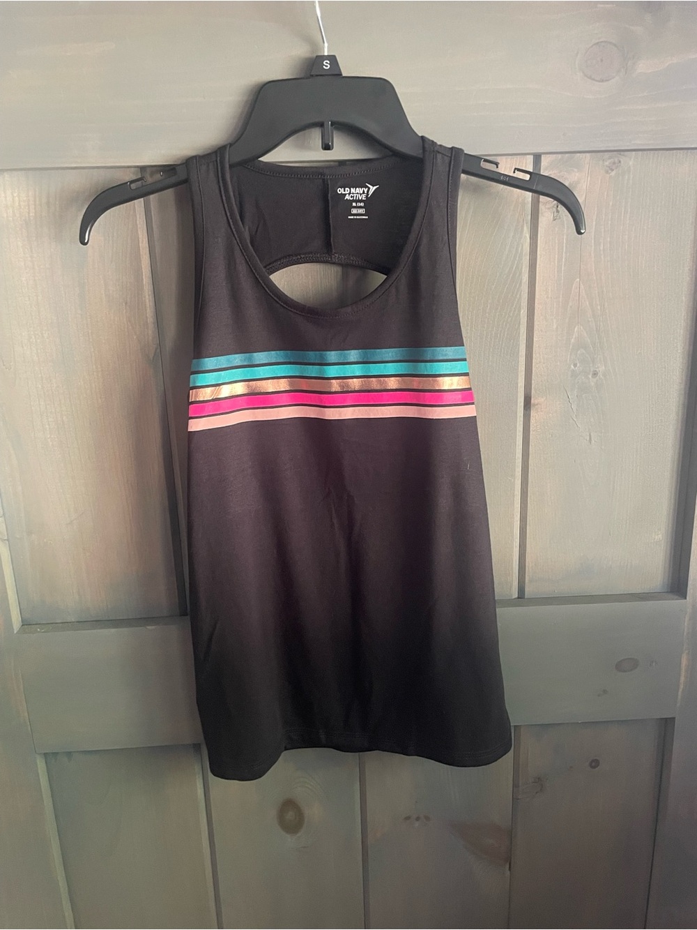 Old Navy Black Racerback Tank with Teal, Pink, Coral and Gold Stripes